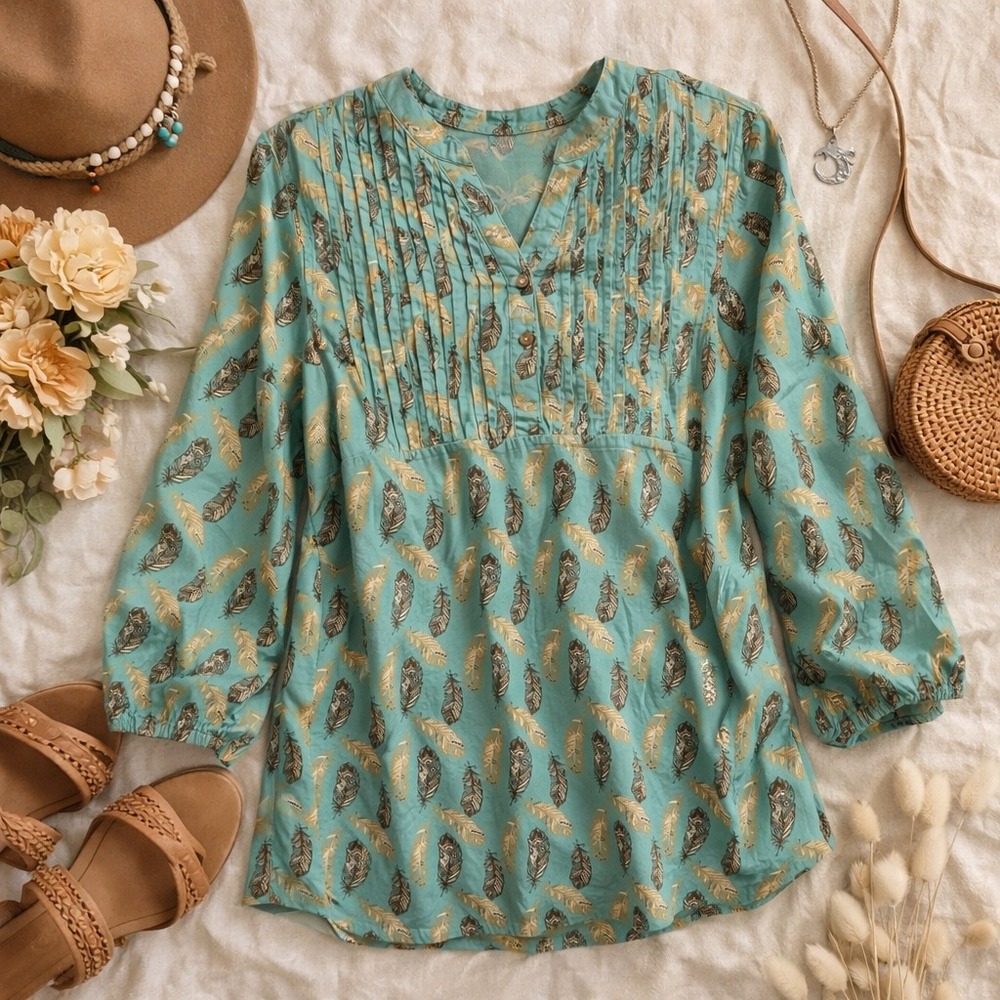 Bit & Bridle Women Teal Feather Print Pintuck Boho‎ Blouse Top X-Large Cow Girl